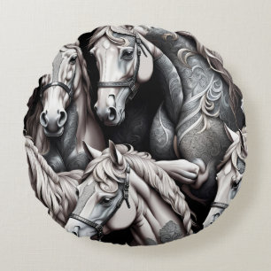 Pferde Detaillierte Malerei in Schwarz-Weiß-Kunst Rundes Kissen