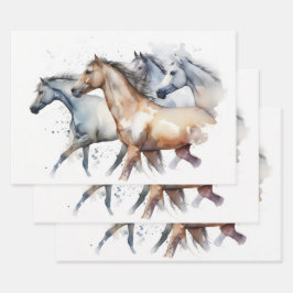 Pferde, die durch den Fluss Wasserfarbe laufen Geschenkpapier Set