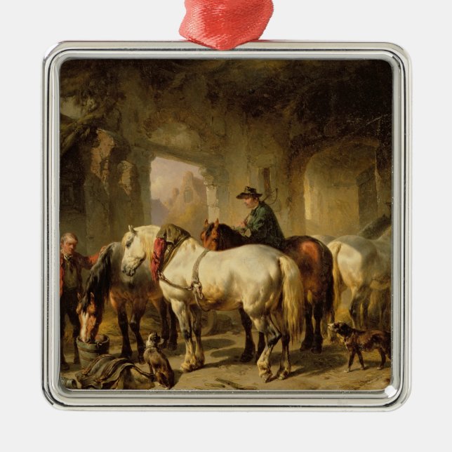 Pferde, die im Stall füttern Ornament Aus Metall (Vorne)
