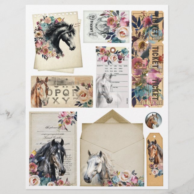 Pferde & Florale Ephemera für Junk Journals (Vorderseite)