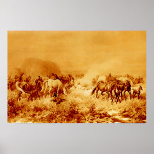 PFERDE GRASEN Antique Orange Gelb Braun Sepia Poster