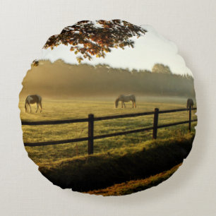 Pferde Grazing im Sonnenaufgang Rundes Kissen