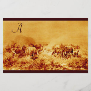 PFERDE GRAZPARKMENT MONOGRAMM Braune Sepia Briefpapier