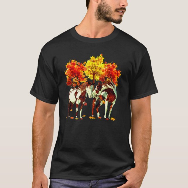 Pferde Herbstfeld Reitpferde Blätter T-Shirt (Vorderseite)