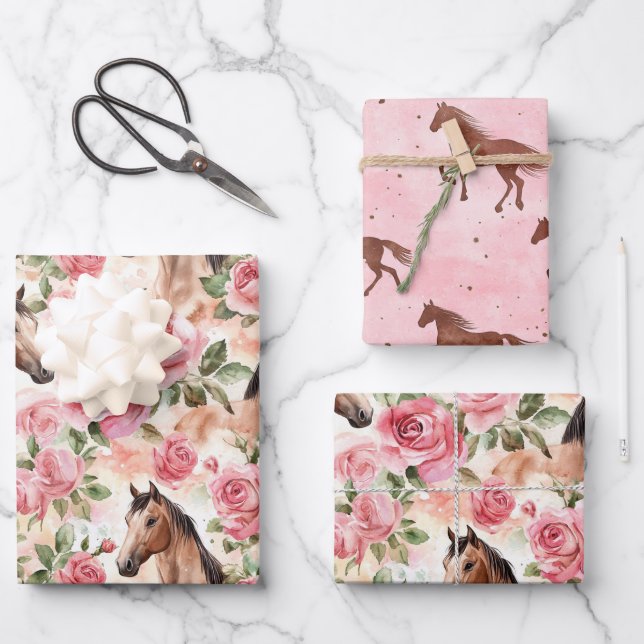 Pferde Hübsch Rosa Rosen Blumengeburt Geschenkpapier Set (Vorderseite)