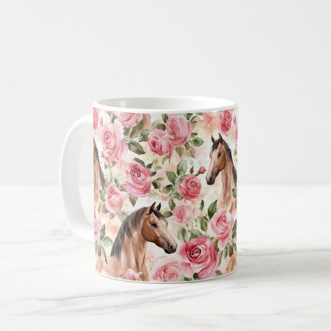 Pferde Hübsch Rosa Rosen Kaffeetasse (Vorderseite Links)