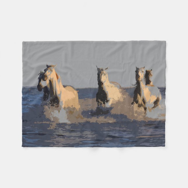 Pferde im Meer - Wilde Pferde Fleecedecke (Vorderseite (Horizontal))