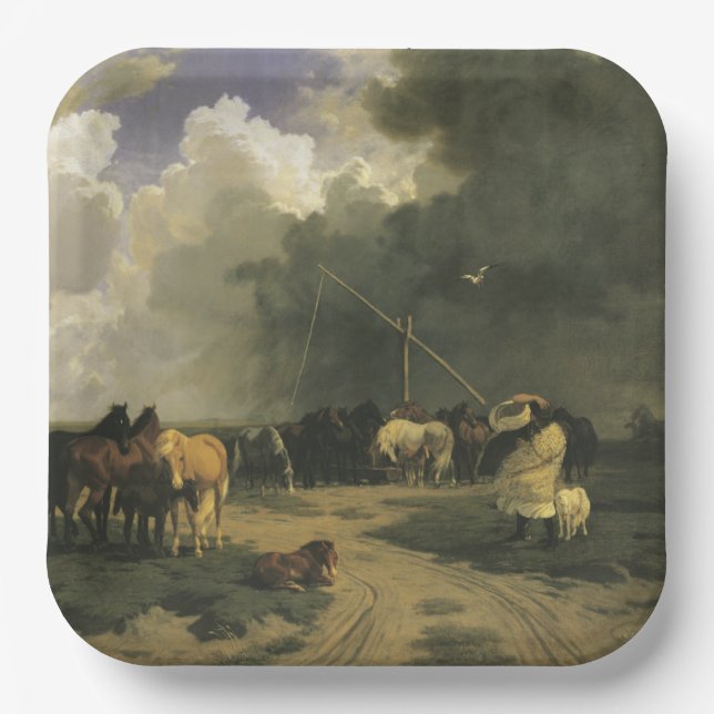 Pferde in einem Regensturm (Pferde) Pappteller (Vorderseite)