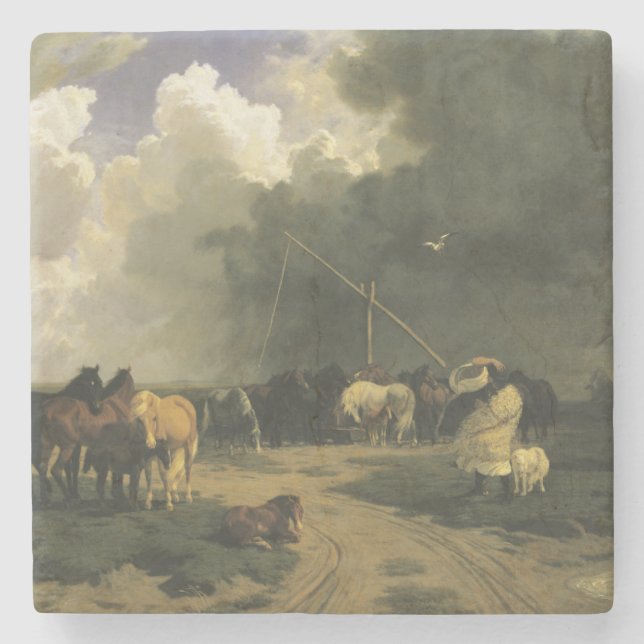 Pferde in einem Regensturm (Pferde) Steinuntersetzer (Vorderseite)