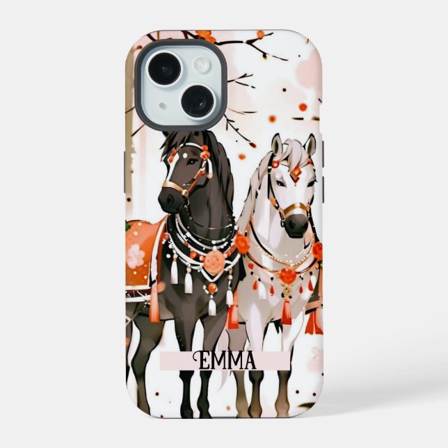 Pferde in einem Roten Wald-Individuelle Name iPhone 15 Hülle (Rückseite)
