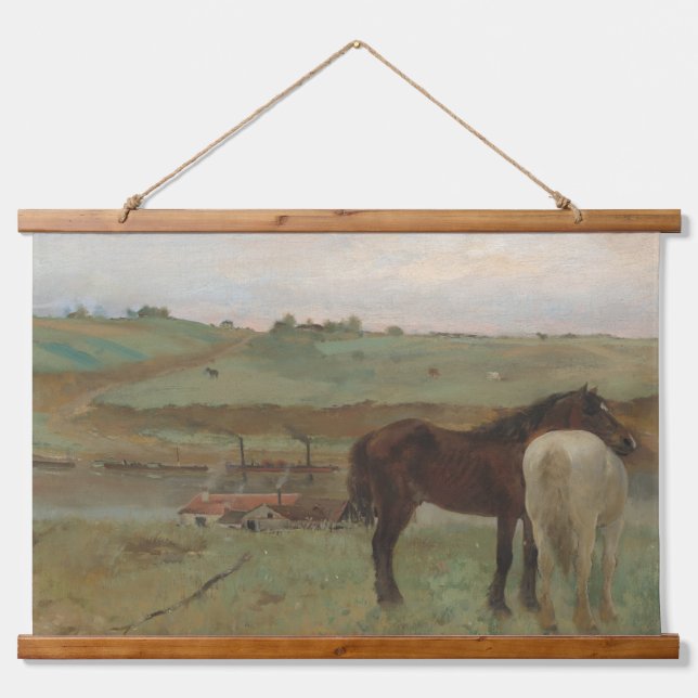 "Pferde in einer Wiese" Gemälde von Edgar Degas Wandteppich Mit Holzrahmen (Vorne)