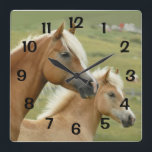 Pferde Palomino Mutter und Foal Portrait Quadratische Wanduhr<br><div class="desc">Auf dieser Uhr wird ein Portrait einer Haflinger Mutter und ihres Fohlen gezeigt. Die Zahlen werden so kalibriert,  dass sie den richtigen Zeitstandorten entsprechen. Diese Uhr wäre ein perfektes Geschenk für einen Pferdeliebhaber.</div>