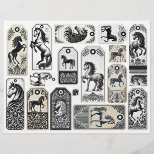 Pferde- und Damast-Design-Junk-Journal-Tags
