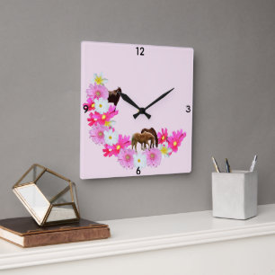 Pferde und Gerbera-Blumen-Gewinde, Quadratische Wanduhr