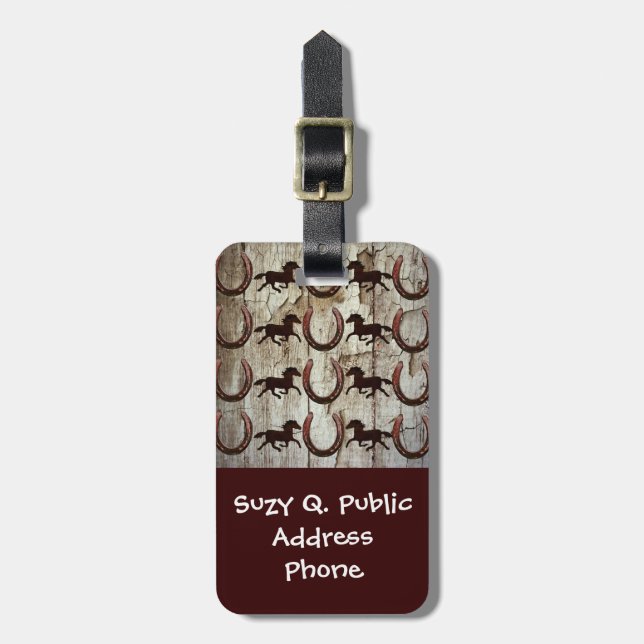 Pferde und Hufeisen auf Barnholz Cowboy Geschenke Gepäckanhänger (Vorderseite vertikal)