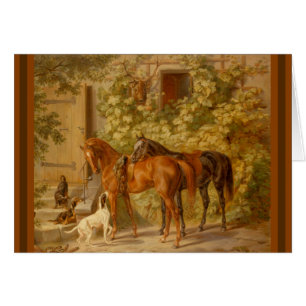 Pferde und Hunde auf festem Hof