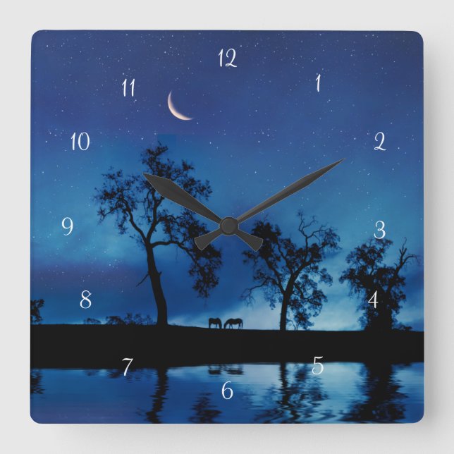 Pferde und Mondstars Fantasy Schöne Quadratische Wanduhr (Vorderseite)