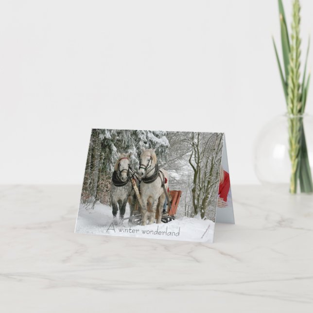 Pferde und Schlitten "Ein Winterwunderland" Feiertagskarte (Vorderseite)