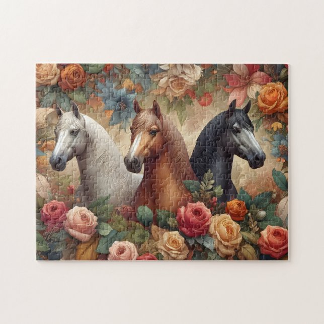 Pferde Vintage Rosen Puzzle (Horizontal)