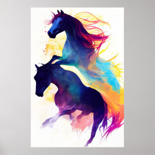 Pferde wild Natur Tierfarben Malerei Poster