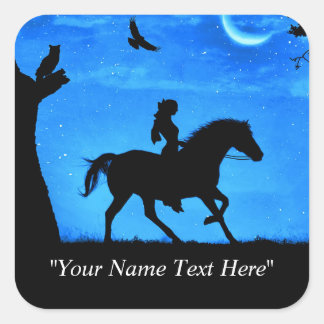 Pferdeaufkleber mit Girl Riding und Owl Whimsical Quadratischer Aufkleber