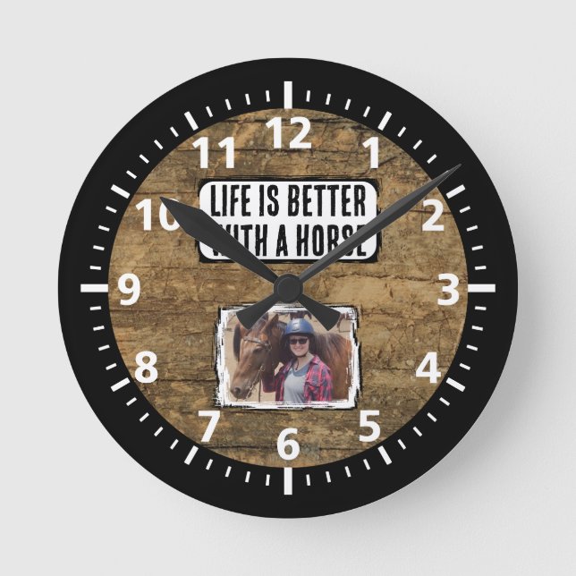 Pferdefreund 1 Foto Schwarz-weiß rustikal Runde Wanduhr (Vorderseite)