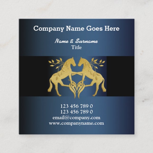 Pferdegrafisches Imitatgoldblaues Quadratische Visitenkarte (Vorderseite)