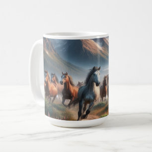 Pferdeherd Galloping, Misty Mountain Scene Kaffeetasse