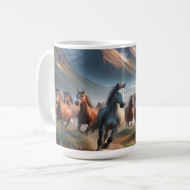 Pferdeherd Galloping, Misty Mountain Scene Kaffeetasse (Vorderseite Links)