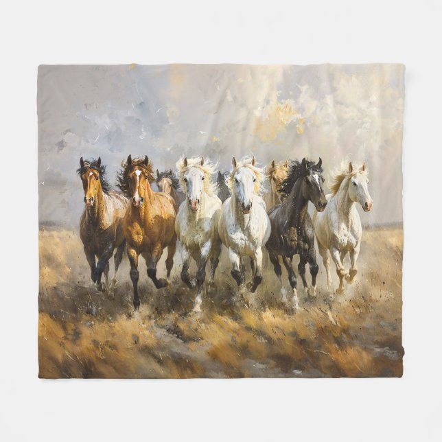 Pferdeherde Galoppierende Mustang-Malerei Fleecedecke (Vorderseite (Horizontal))