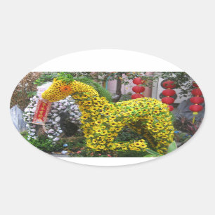 Pferdejahr 春 節 馬 ... Thema chinesische Blume Ovaler Aufkleber