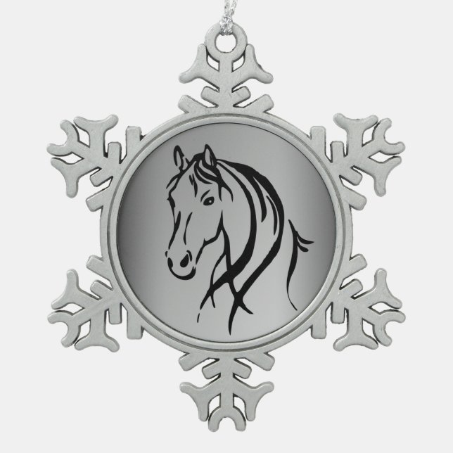 Pferdekopf auf Silber Schneeflocken Zinn-Ornament (Vorderseite)