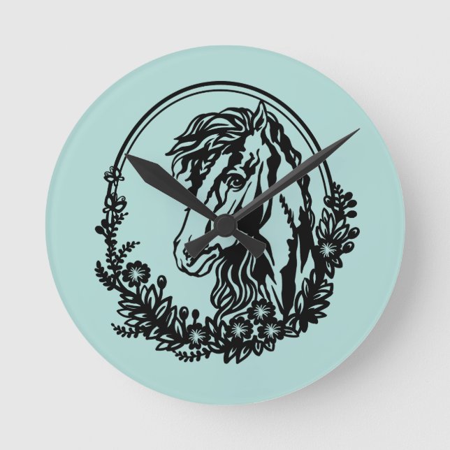 Pferdekopf mit Blume Runde Wanduhr (Vorderseite)