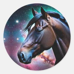 Pferdekopf mit Galaxy-Hintergrund Runder Aufkleber