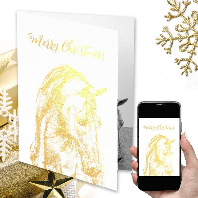 Pferdekunst zeichnend echte Folie Frohe Weihnachte Folienkarte (Real gold foil horse art Christmas card, gold Merry Christmas, gold horse, horse lover, equestrian)