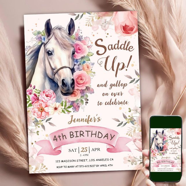 Pferdemädchen 4. Geburtstag Rosa Blume satteln Einladung (Von Creator hochgeladen)