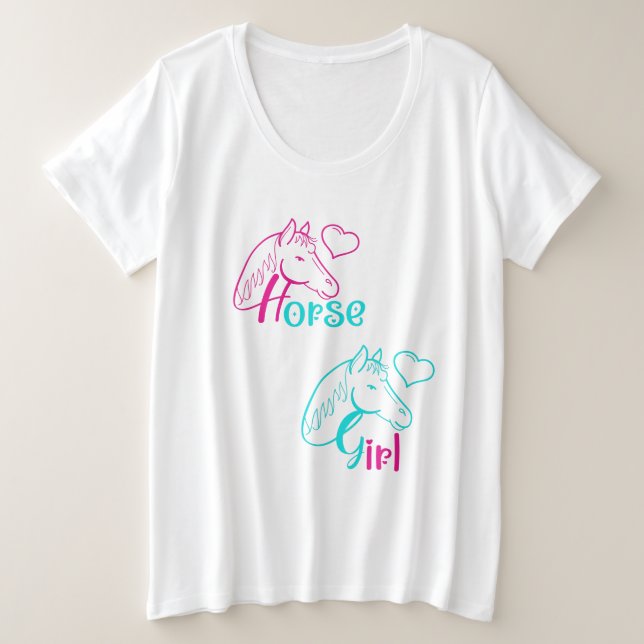 Pferdemädchen in Rosa und Türkis Große Größe T-Shirt (Design vorne)