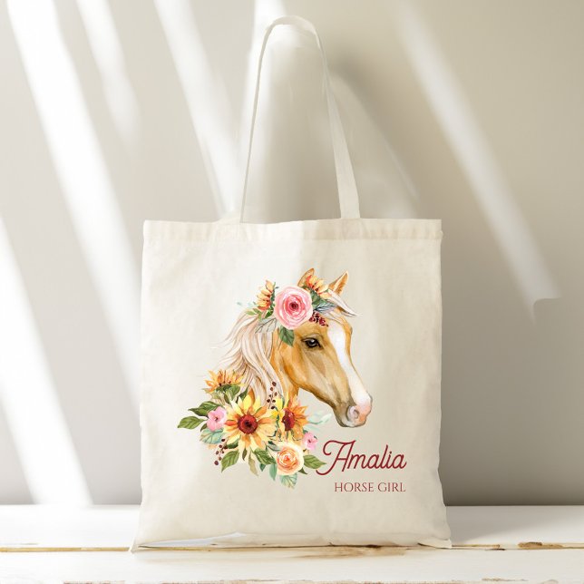 Pferdemädchen Palomino Pferd mit Sonnenblumen Brau Tragetasche (Horse girl Palomino horse with sunflowers customized name Tote Bag gifts for her horse lovers gifts)