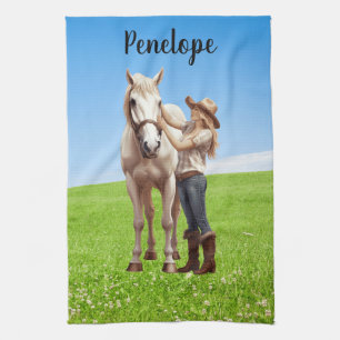 Pferdemädchen Reiten Wiese Personalisiert Geschirrtuch