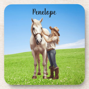 Pferdemädchen Reiten Wiese Personalisiert Getränkeuntersetzer
