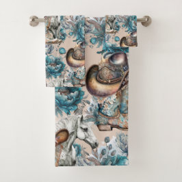 Pferdemädchen türkisfarbenes Muster Badhandtuch Set