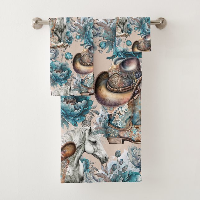 Pferdemädchen türkisfarbenes Muster Badhandtuch Set (Insitu)