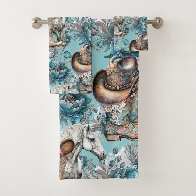 Pferdemädchen türkisfarbenes Muster Badhandtuch Set (Insitu)