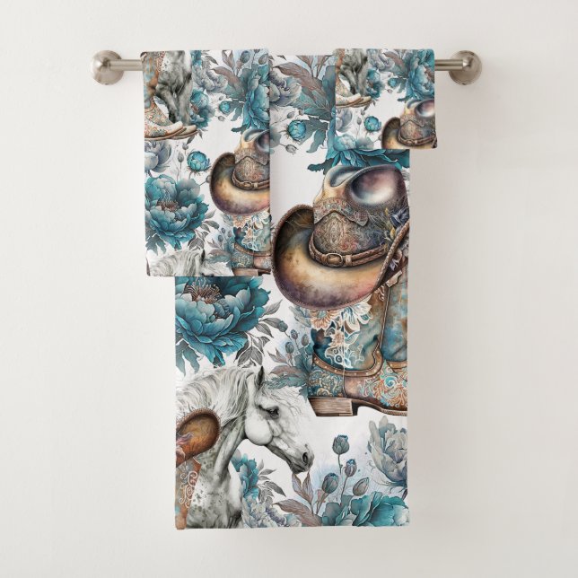 Pferdemädchen türkisfarbenes Muster Badhandtuch Set (Insitu)