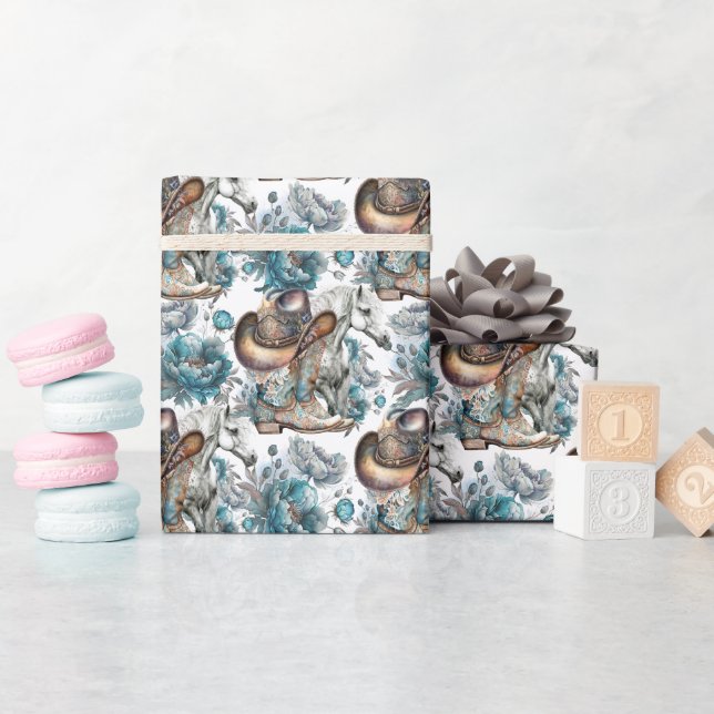 Pferdemädchen türkisfarbenes Muster Geschenkpapier (Babyparty)