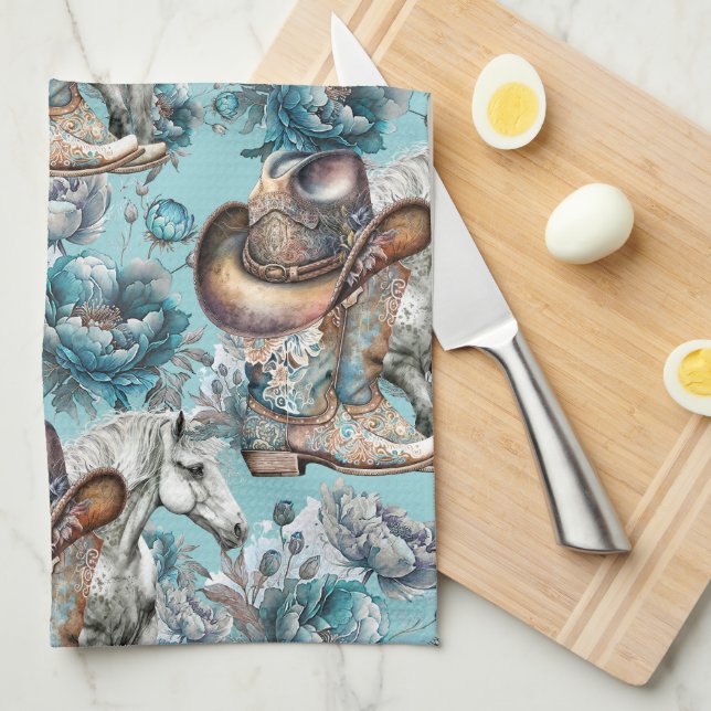 Pferdemädchen türkisfarbenes Muster Geschirrtuch (Viertel Falte)