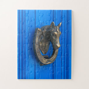 Pferdemessing auf Blau Vintage-Türklopfer-Kunst Puzzle