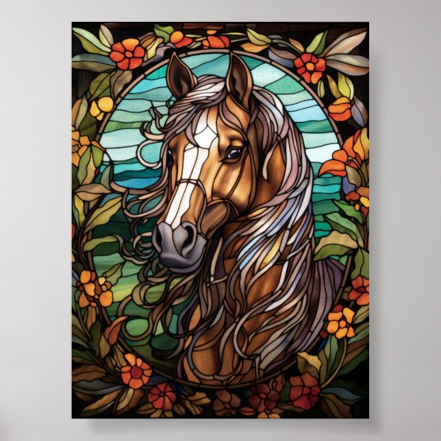 Pferdeporträt Blumen Bleiglas Kunst Poster (Vorne)