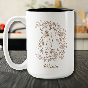 Pferdeporträt-Linienkunst mit floralem Kranz Zweifarbige Tasse