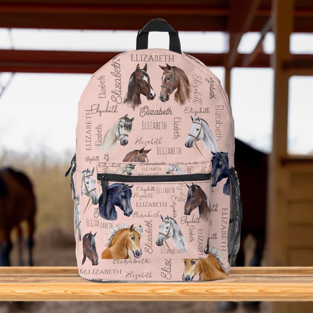 Pferderenngeschenke für Mädchen personalisiert Bedruckter Rucksack (Horse equestrian gifts for girls personalized name collage with horses printed backpack horse girl)